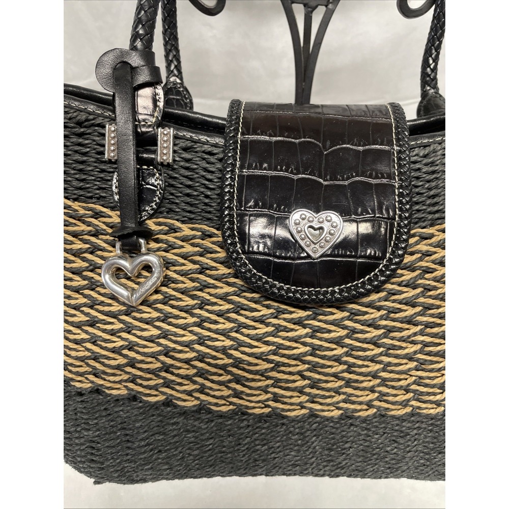 BRIGHTON Savannah Straw Tote Black & Beige Basket Weave Large Handbag Purse - Picture 2 of 8